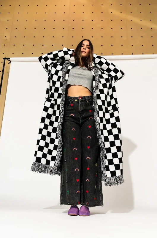 Luxe Fringe Blanket Cardigan in Black + White Check Hooded Cardigan Collared Cardigan Shawl Collar Luxe Fringe Blanket Cardigan in Black + White Check Hooded Cardigan Collared Cardigan Shawl Collar
