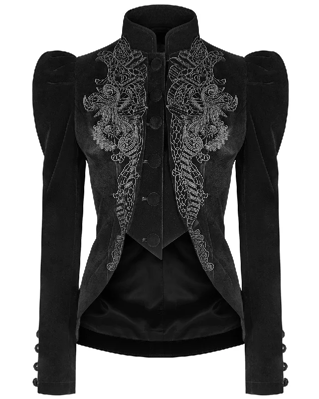 Punk Rave Vesperina Womens Gothic Velvet Riding Jacket - Black Chenille Fabric Brocade Fabric Lace Fabric