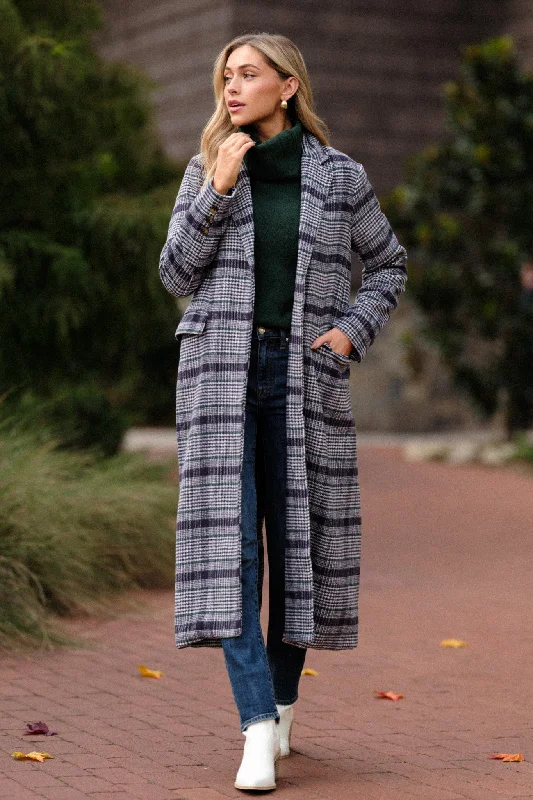 Fireside Chats Navy Plaid Trench Coat Houndstooth Jacket Shearling Jacket Fleece Jacket