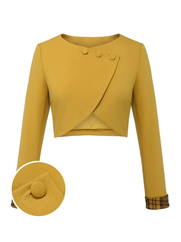 Yellow 1950s Solid Button Short Coat Shawl Collar Notch Collar Lapel Collar