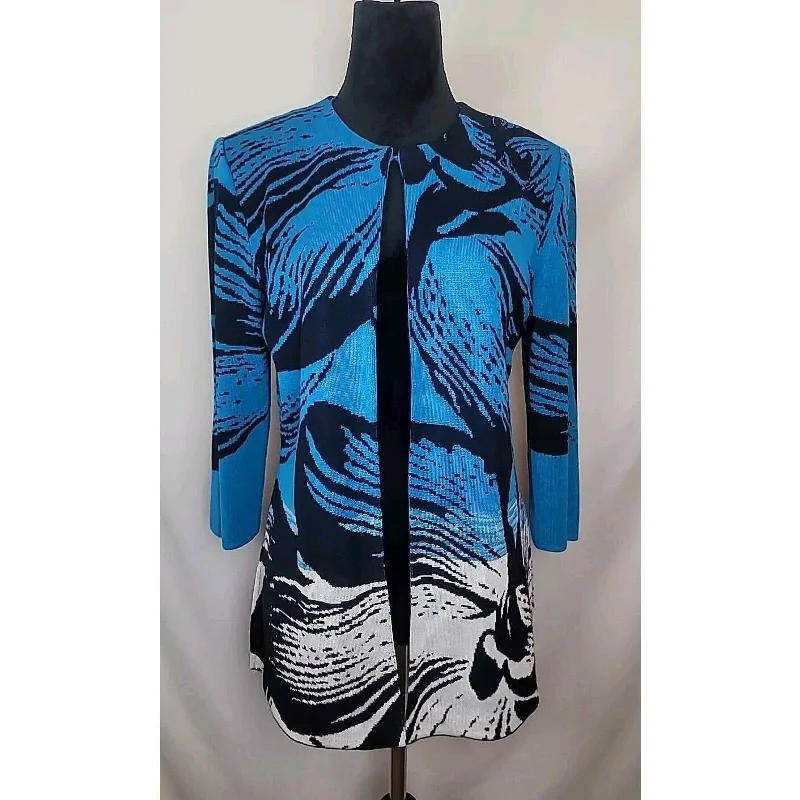 Ming Wang Teal Blue Black Floral Long Sleeve Cardigan Knit Sweater Size S Stylish Fashionable Trendy Ming Wang Teal Blue Black Floral Long Sleeve Cardigan Knit Sweater Size S Stylish Fashionable Trendy
