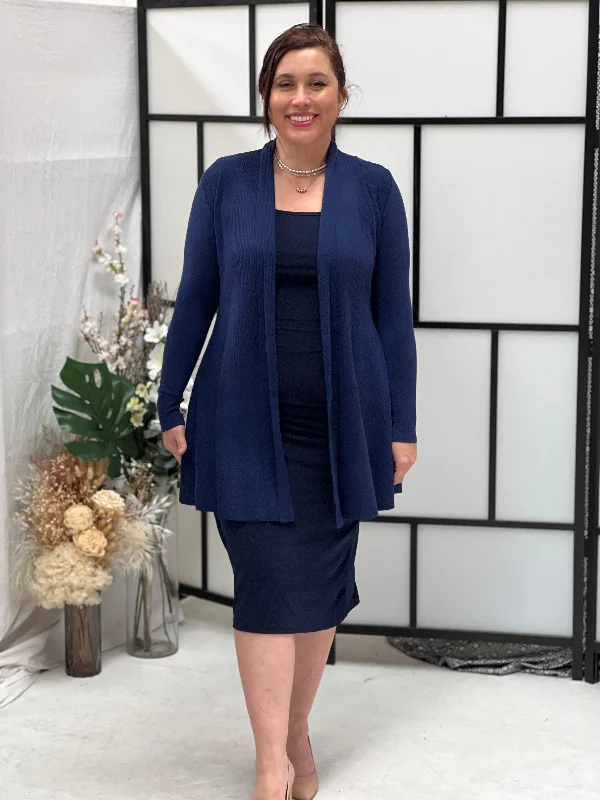Olinda Navy Wool Knit Cardigan Asymmetrical,ymmetric Pencil Cardigan