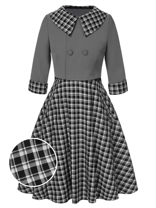 2PCS 1950s Lapel Rolled Sleeve Plaids Coat & Strap Dress Denim Leather Suede