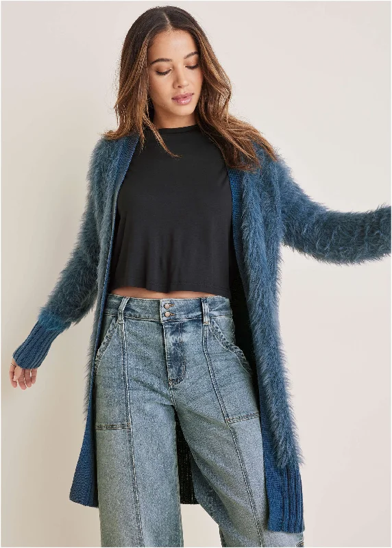 Eyelash Cardigan - Navy Lace Blend Ribbed Blend Corduroy Blend