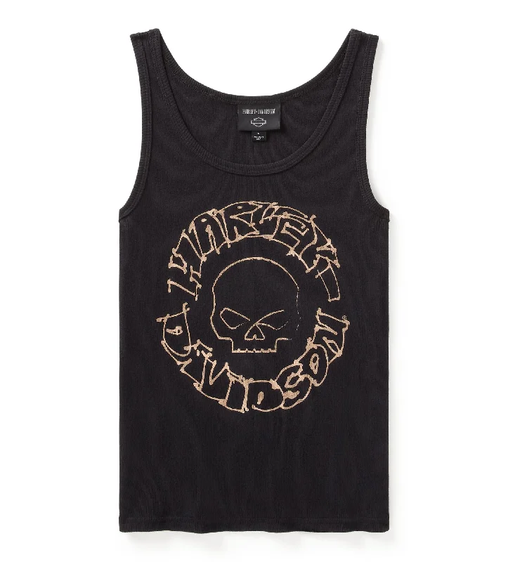 Women's Willie G Circle Skull Sketch Art Ribbed Tank - True Black relaxed fit tank