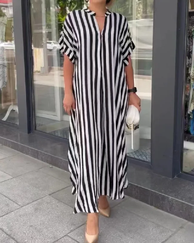 Women'S Fashion Casual Stripe Printing Side Slit Cardigan Loose Short Sleeve Dress Chenille Fabric Brocade Fabric Lace Fabric