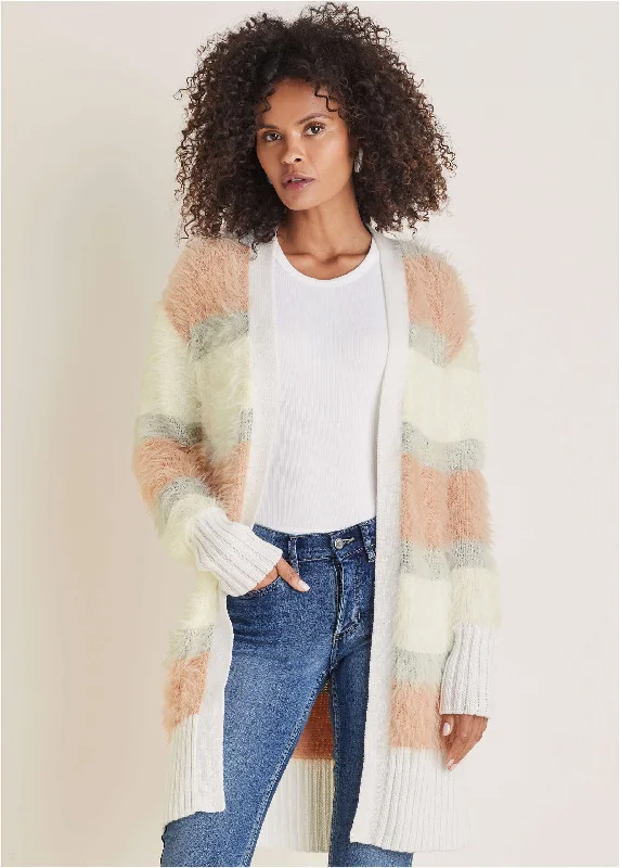 Eyelash Cardigan - White Multi Ribbed Striped Patterned
