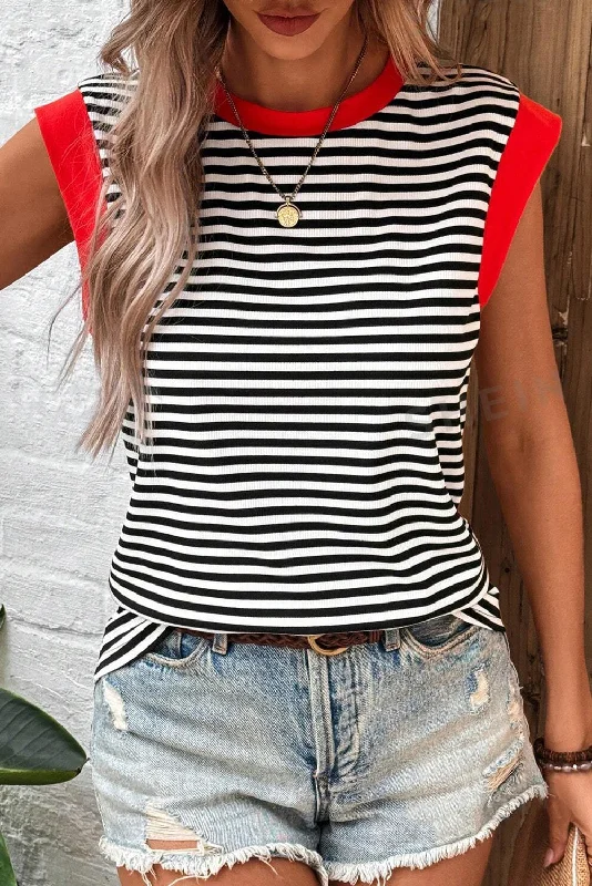 Black Stripe Colorblock Edge Round Neck Tank Top low neck tank