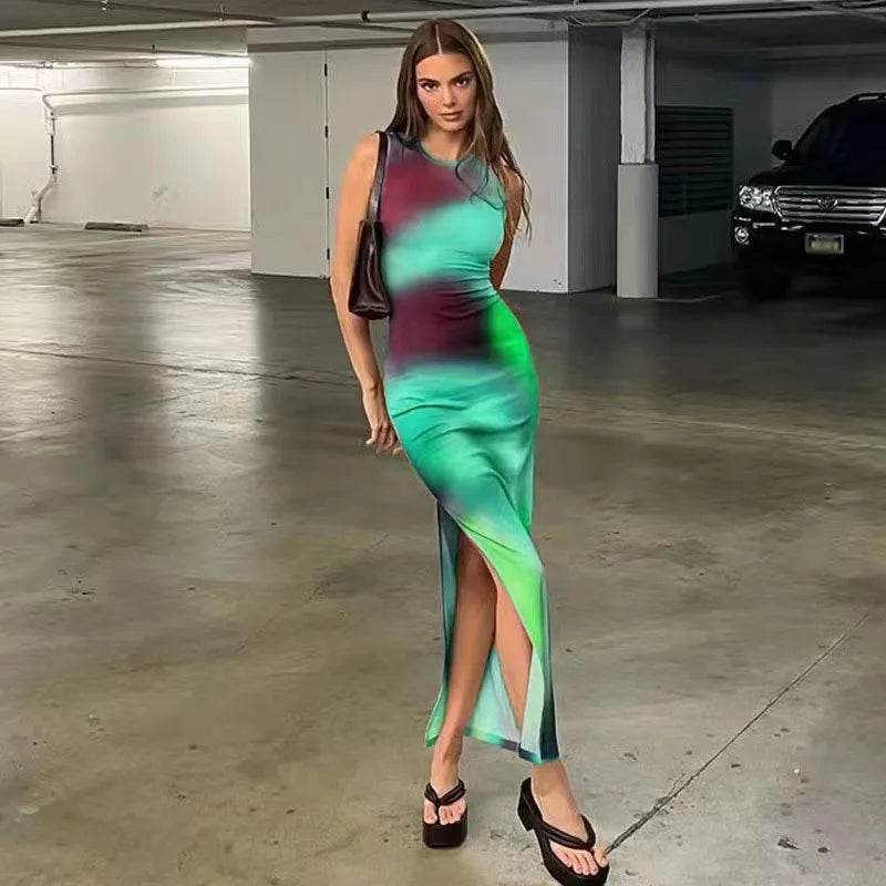 Trendy A-Line Split Tank Top for Women - Casual Printed Mid-Calf Dress for Spring/Summer adorable tank top