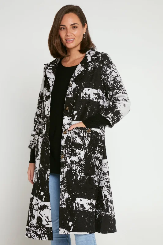 Carlton 3/4 Sleeve Fleece Lined Coat - Black/White Patch Fitted Loose Oversized