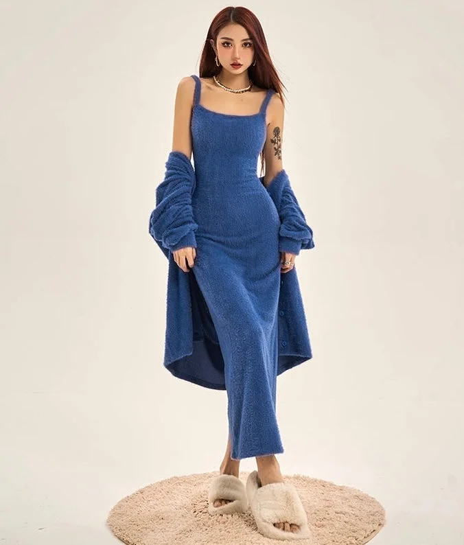 Caroline Solid Color Blue Cardigan Long Slim Spaghetti Strap Dress Set Houndstooth Herringbone Solid Caroline Solid Color Blue Cardigan Long Slim Spaghetti Strap Dress Set Houndstooth Herringbone Solid