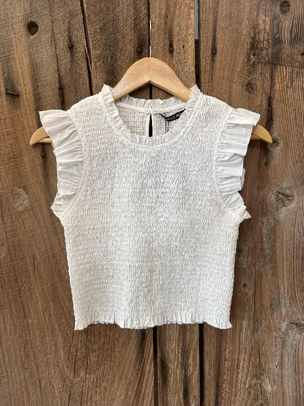 Ruffle Sleeve Smocked Tank - White crew neck tank
