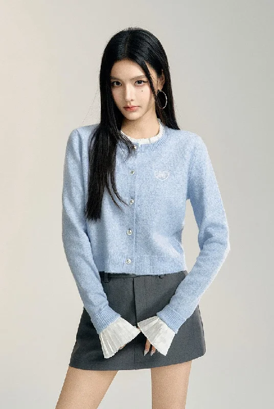 Lace Stitching Knitted Short Cardigan MAC0087 Front Pockets Side Pockets Patch Pockets