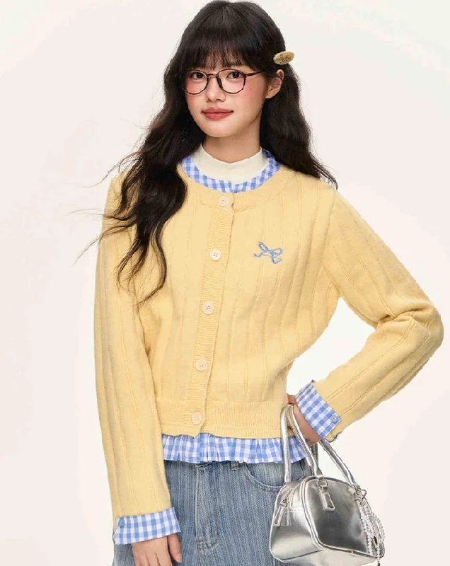 Checkered Inner Docking Ribbon Embroidery Girly Cardigan NTO0141 Cashmere Blend Cotton Blend Poly Blend Checkered Inner Docking Ribbon Embroidery Girly Cardigan NTO0141 Cashmere Blend Cotton Blend Poly Blend