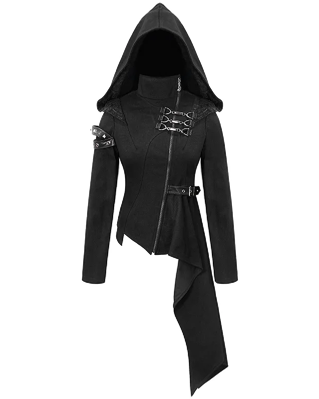 Devil Fashion Aconitia Womens Dieselpunk Hooded Coat Jersey Tulle Batik