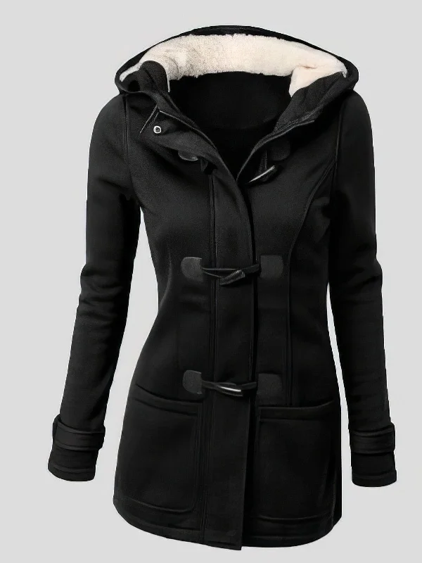 Black Toggle Coat with Hood Shawl Collar Notch Collar Lapel Collar