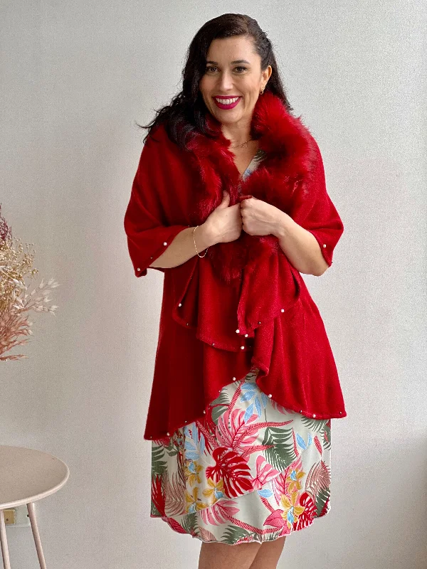 Omnia Red Shawl Cardigan Real Fur Shearling Chenille