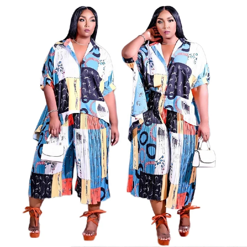 LW plus size set sexy printed short sleeve cardigan blouses shirt top 2piece women outfit top shirts and pants sets Modern Contemporary chic