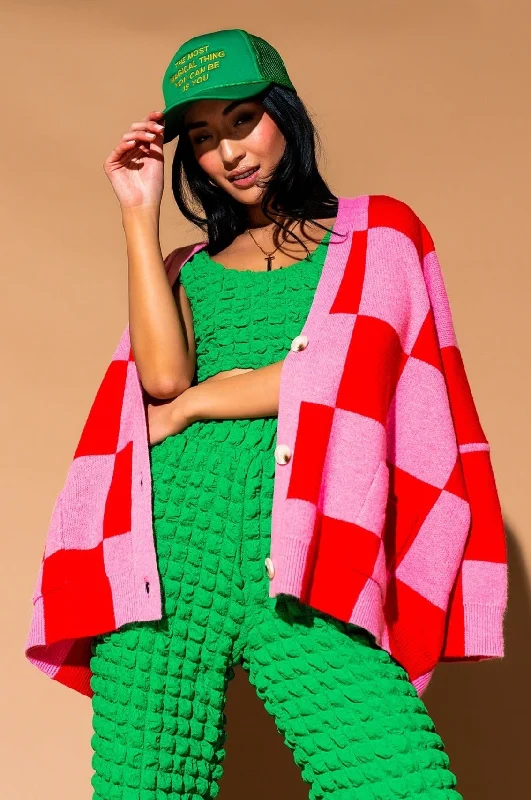 Love You Oversized Checkerboard Cardigan in Red + Pink Casual Formal Business