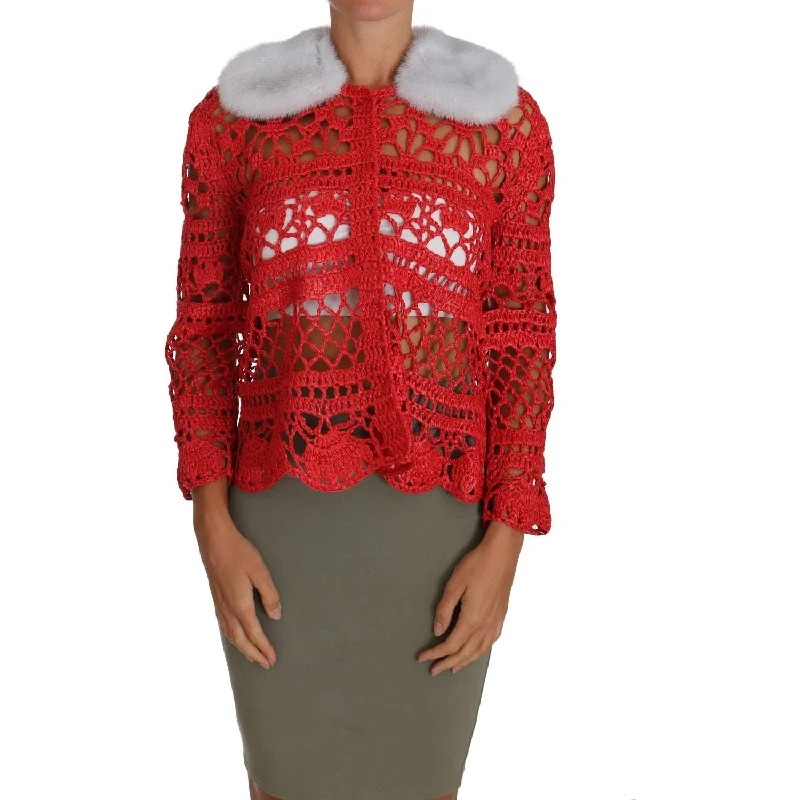 Dolce & Gabbana Elegant Red Crochet Knit Cardigan with Fur Collar Neon metallic Matte Dolce & Gabbana Elegant Red Crochet Knit Cardigan with Fur Collar Neon metallic Matte