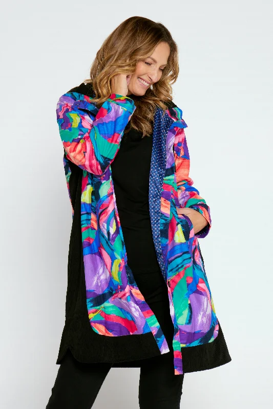 Bicheno Corduroy Coat - Rainbow Swirl Tie-Waist Belted Drawstring