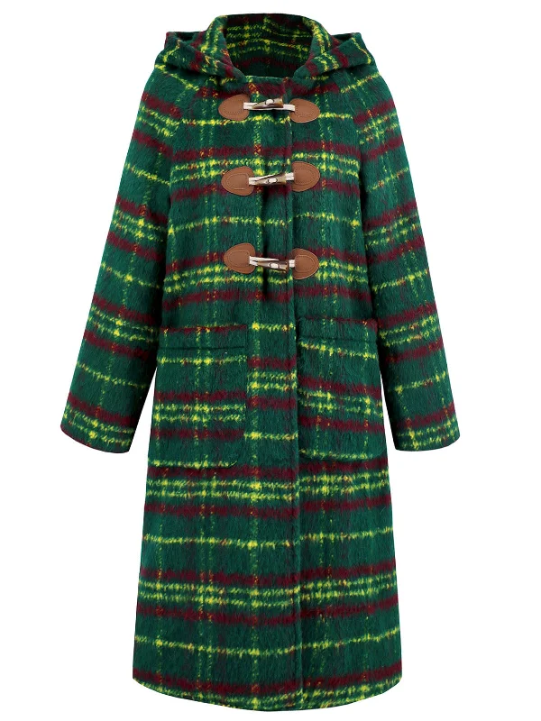 Green 1950s Gingham Plaid Hooded Coat Anorak Windbreaker Fleece