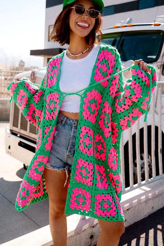 Oversized Granny Square Crochet Cardigan in Neon Watermelon Slim Fit Regular Fit Oversized Oversized Granny Square Crochet Cardigan in Neon Watermelon Slim Fit Regular Fit Oversized