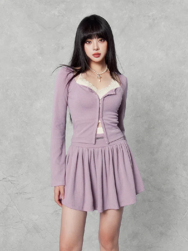 Contrast Long Sleeve Cardigan/Knitted Skirt VOC0167 Glossy Satin Silk