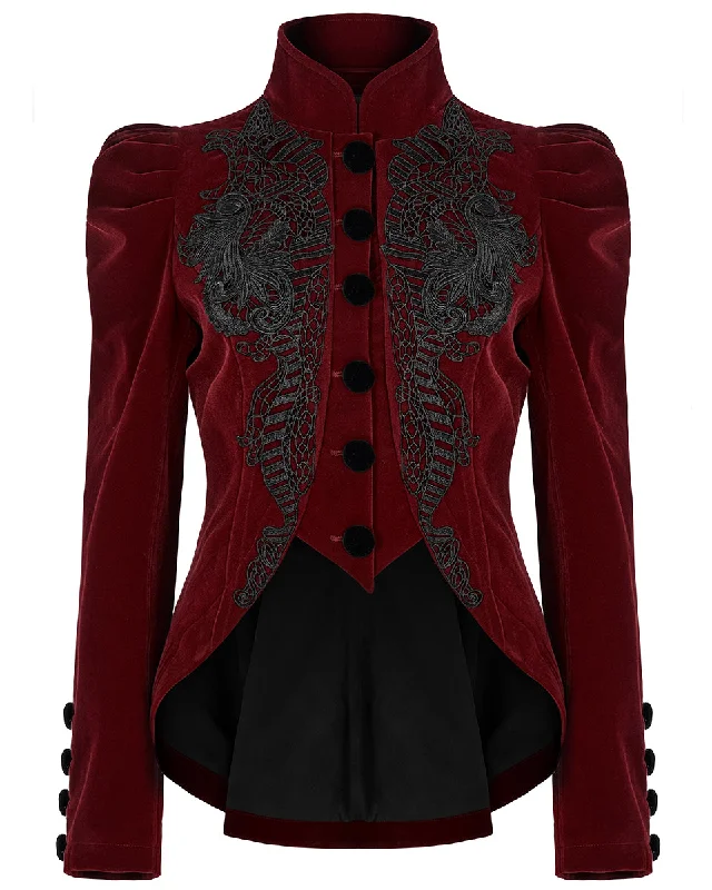Punk Rave Vesperina Womens Gothic Velvet Riding Jacket - Red Denim Jacket Leather Jacket Suede Jacket