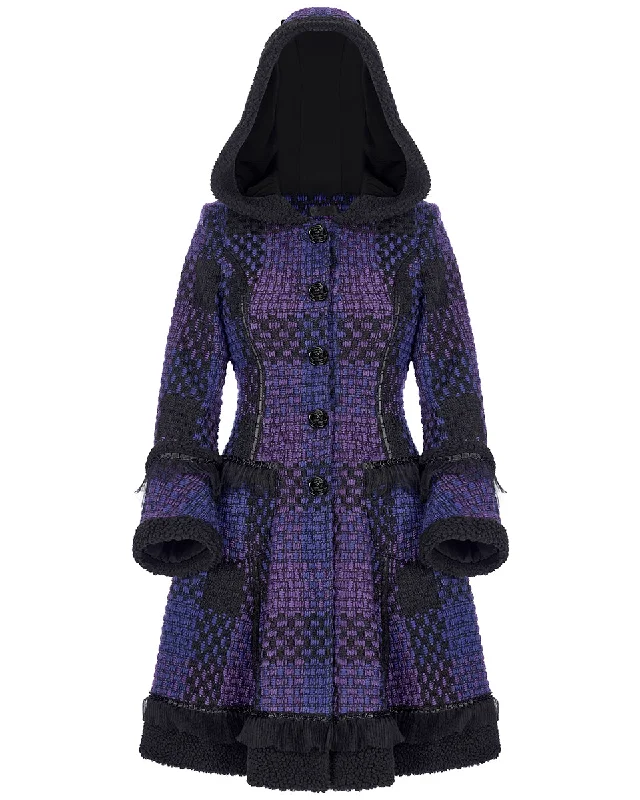 Pyon Pyon Womens Gothic Lolita Hooded Coat - Black & Purple Check Lapel Coat Peter Pan Collar Coat Cowl Neck Coat Pyon Pyon Womens Gothic Lolita Hooded Coat - Black & Purple Check Lapel Coat Peter Pan Collar Coat Cowl Neck Coat