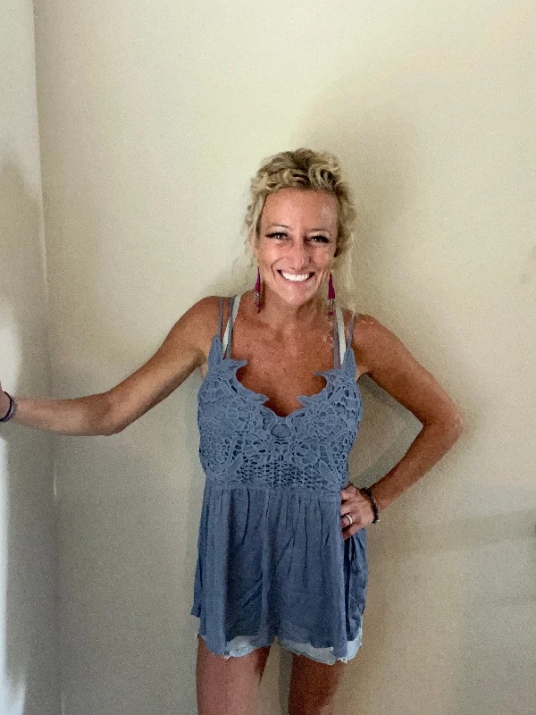 Grace Crochet & Lace Tank in Denim Blue cutout tank top