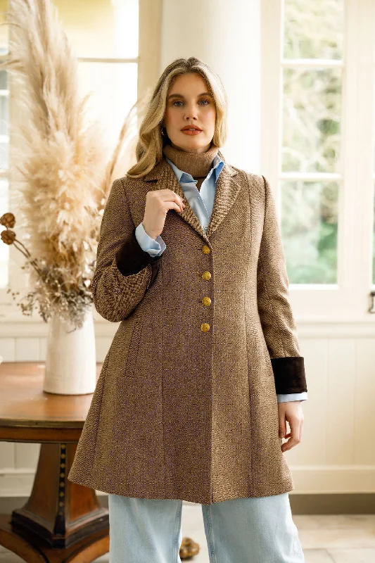 Annabelle Lovat Herringbone Tweed Coat Zip Front Button Front Snap Front