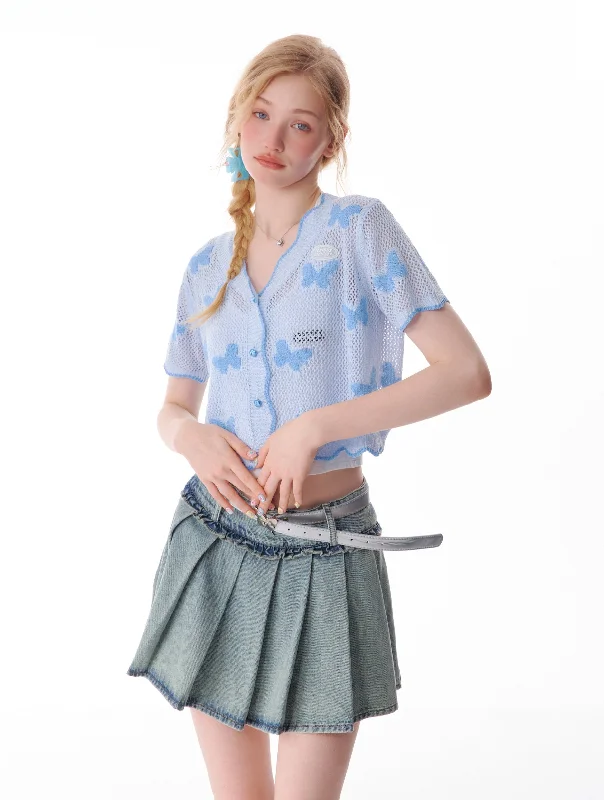 Butterfly Hollow Sunscreen Knitted Short-sleeved Cardigan ZIZ0117 Iron Safe Non-Iron Wrinkle Free