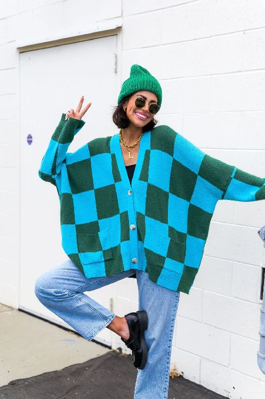Love You Oversized Checkerboard Cardigan in Emerald + Sky Bright Pastel Dark