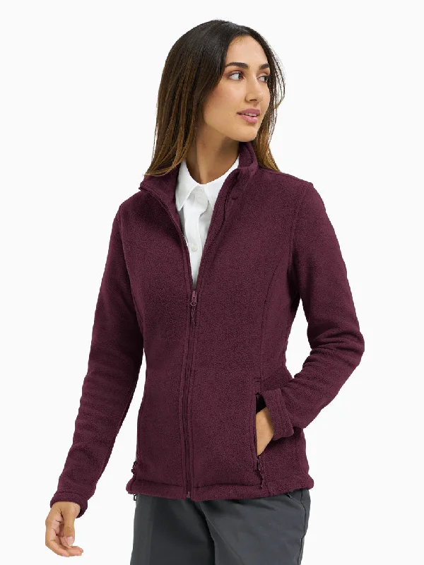 Ladies' Essential Full Zip Fleece Jacket - Maroon Stand-Up Collar Roll-Neck Collar Turtle Neck