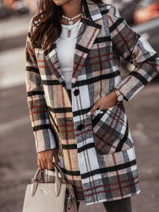Beige and Brown Plaid Coat Bomber Jacket Denim Jacket Leather Jacket