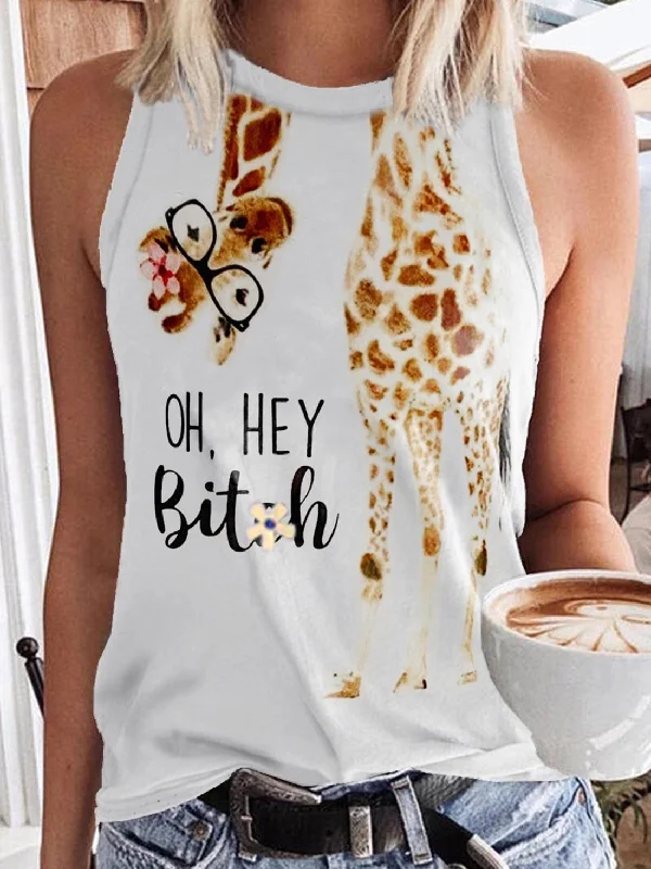 Giraffe Print English Glasses Round Neck Sleeveless Tank Tops cotton tank top