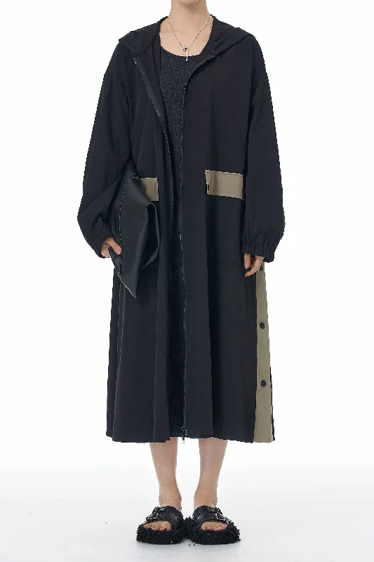 SnapHood Black Zippered Trench Coat Buttoned Zippered Snapped