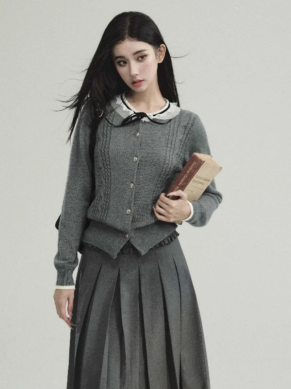 College Style Lace Ribbon Collar Cable Knit Cardigan FRA0218 Wool Cardigan Cotton Cardigan Cashmere Cardigan College Style Lace Ribbon Collar Cable Knit Cardigan FRA0218 Wool Cardigan Cotton Cardigan Cashmere Cardigan