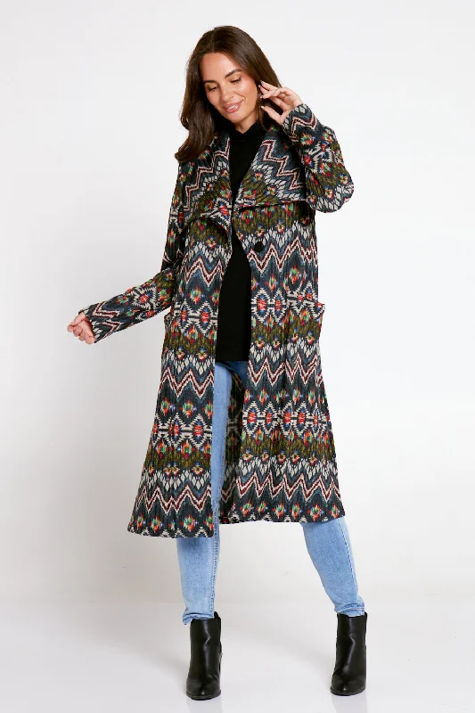 Lara Fleece Trench Coat - Navy Aztec Crew Neck V-Neck Boat Neck