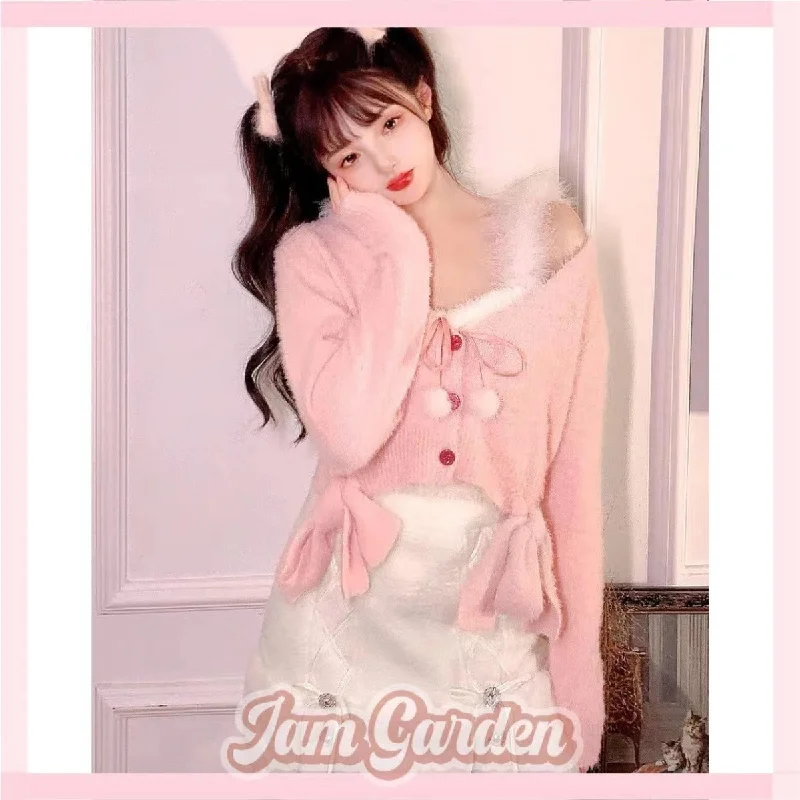 Sweet Pink New Year Strawberry Plush Knit Cardigan Bow Outerwear Hooded Cardigan Collared Cardigan Shawl Collar