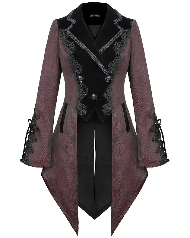 Devil Fashion Libertine's Remorse Womens Gothic Aristocrat Dovetail Coat - Red & Black Rayon Velvet Corduroy Devil Fashion Libertine's Remorse Womens Gothic Aristocrat Dovetail Coat - Red & Black Rayon Velvet Corduroy