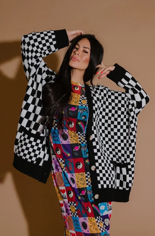 Love You Oversized Cardigan in Mixed Checkerboard Soft Cozy Warm