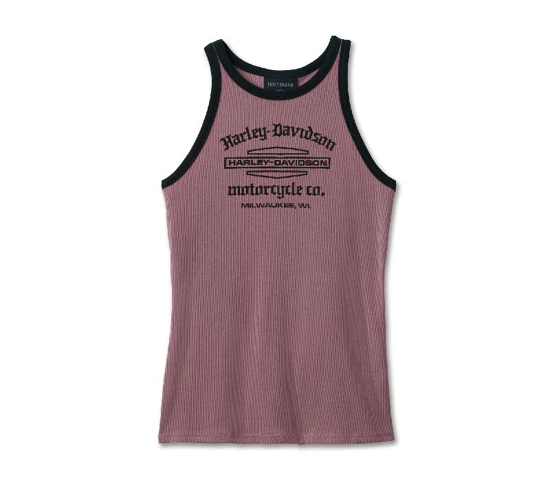 Women's Stacked Bar & Shield Racerback Tank - Wistful Mauve ribbed tank top