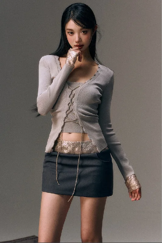 Rope Strap Beaded Patchwork Knitted Cardigan/Camisole AGM0050 Denim Fabric Leather Fabric Suede Fabric Rope Strap Beaded Patchwork Knitted Cardigan/Camisole AGM0050 Denim Fabric Leather Fabric Suede Fabric