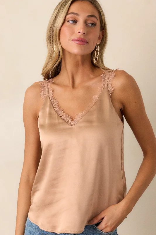 No Turning Back Tan Satin Lace Trim Tank Top summer tank top