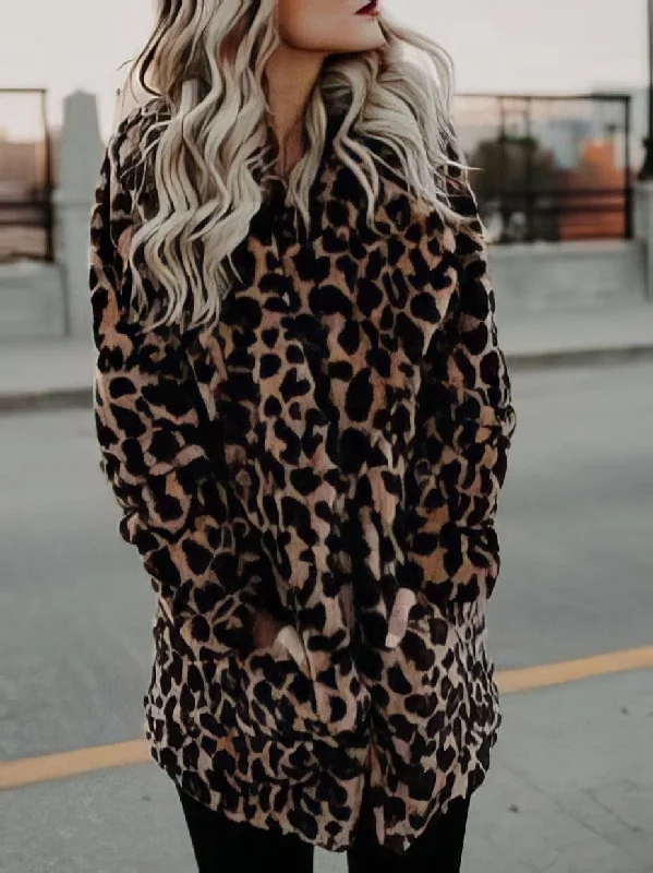 Animal Print Faux Fur Coat Cuffed Rolled Raglan