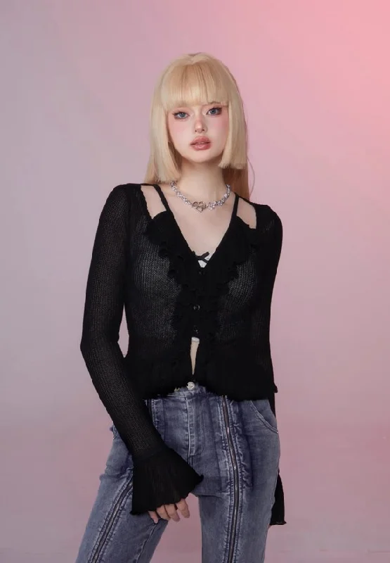 Flared Sleeve Ruffle Slim Cardigan GIF0004 Neon metallic Matte