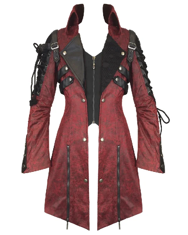 Punk Rave Womens Poisonblack Jacket - Red Welt Pockets Slit Pockets Flap Pockets
