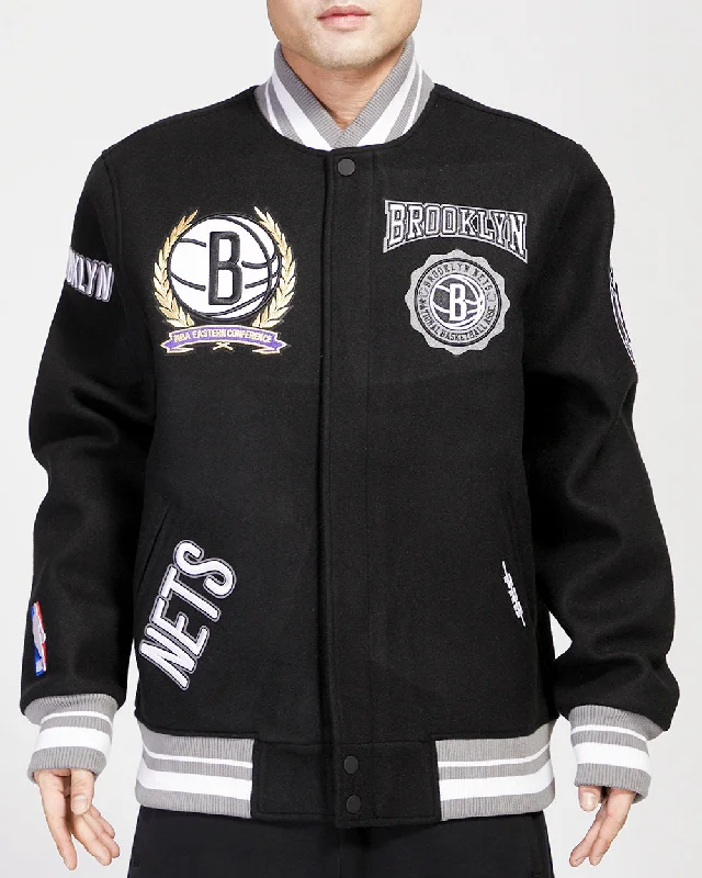 CHAMARRA BROOKLYN NETS CREST EMBLEM RIB WOOL VARSITY JACKET Denim Jacket Leather Jacket Suede Jacket